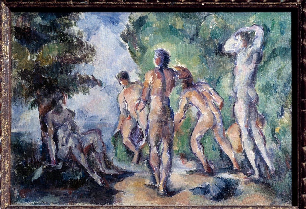 Badende maleri af Paul Cezanne (1839-1906) 1895 søn. 0,22x0,33 m Lyon, Musee des Beaux Arts - De Badende. Maleri af Paul Cezanne (1839-1906) af Paul Cézanne
