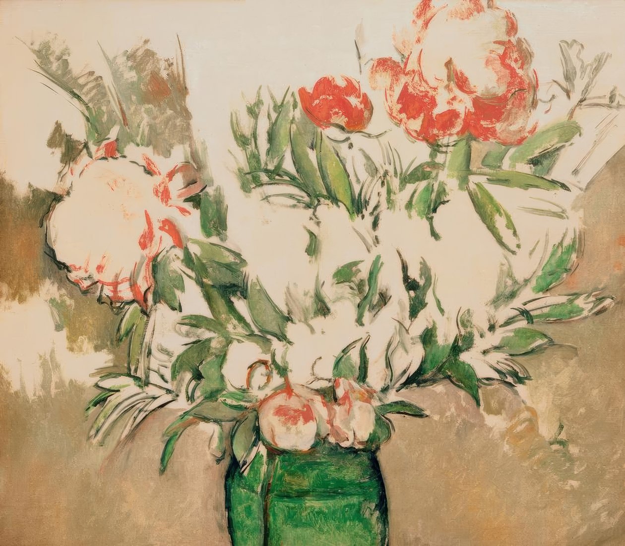 Buket pæoner i en grøn gryde af Paul Cézanne