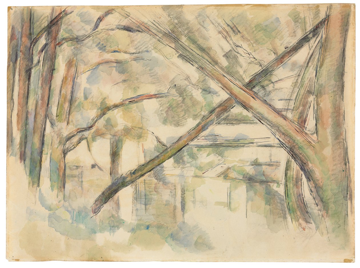 Krydser træer på vandkanten II; Skærende træer ved vandkanten, II, c.1896 af Paul Cézanne