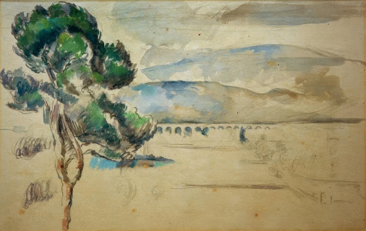 Buens dal med viadukt og et fyrretræ af Paul Cézanne