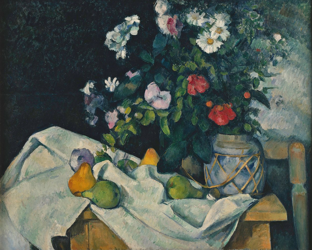 Blomster i en krukke ingefær og frugt af Paul Cézanne