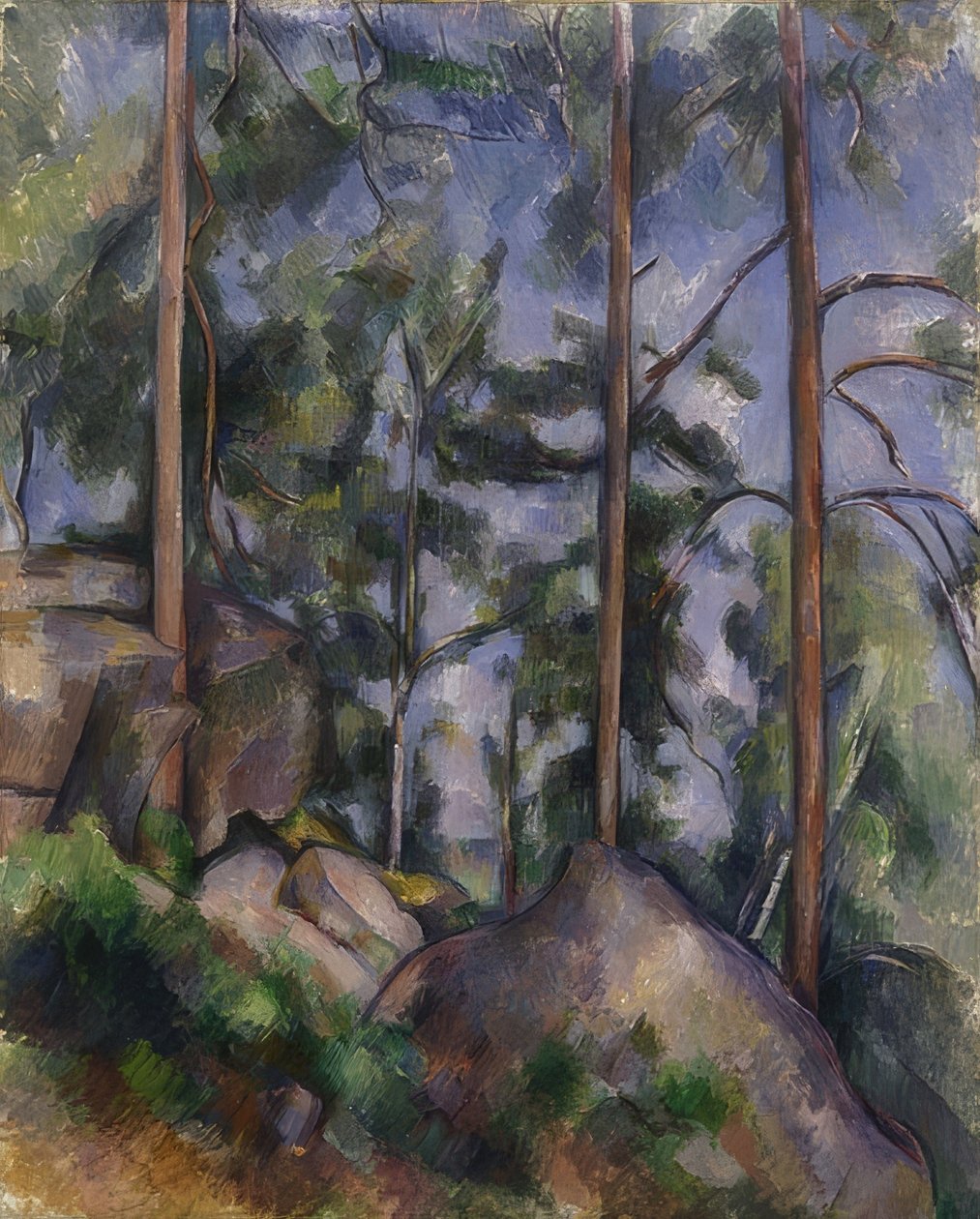 Fyrretræer og klipper (Fontainebleau?). Omkring 1897 af Paul Cézanne