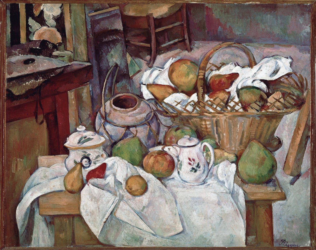 Køkkenbord eller stilleben med kurv - olie på lærred af Paul Cézanne