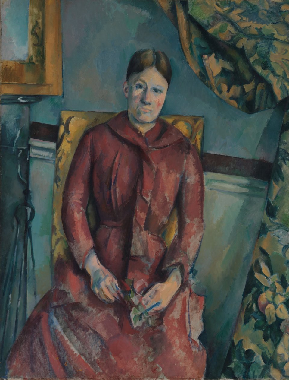 Madame Cézanne Hortense Fiquet, 1850-1922 i en rød kjole, 1888-90. af Paul Cézanne