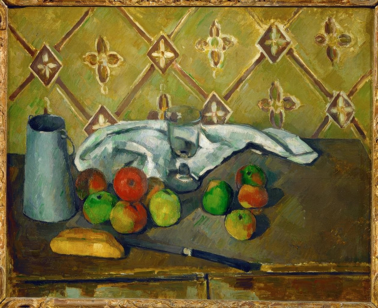 Stilleben (frugt, serviet og mælkedrik) af Paul Cézanne
