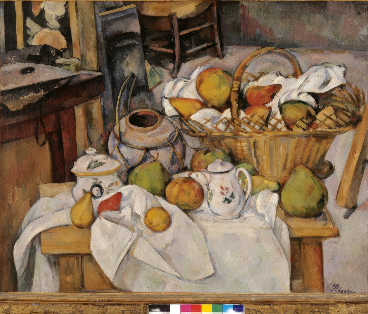 Stilleben med kurv eller Køkkenbordet af Paul Cézanne