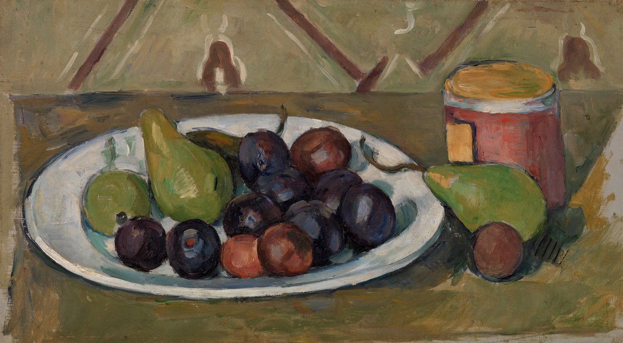 Tallerken med frugt og gryde med konserves af Paul Cézanne