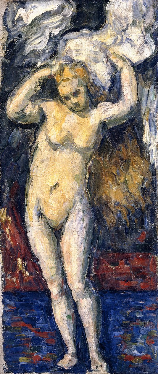 Stående bader, tørrer sit hår, c.1869 af Paul Cézanne