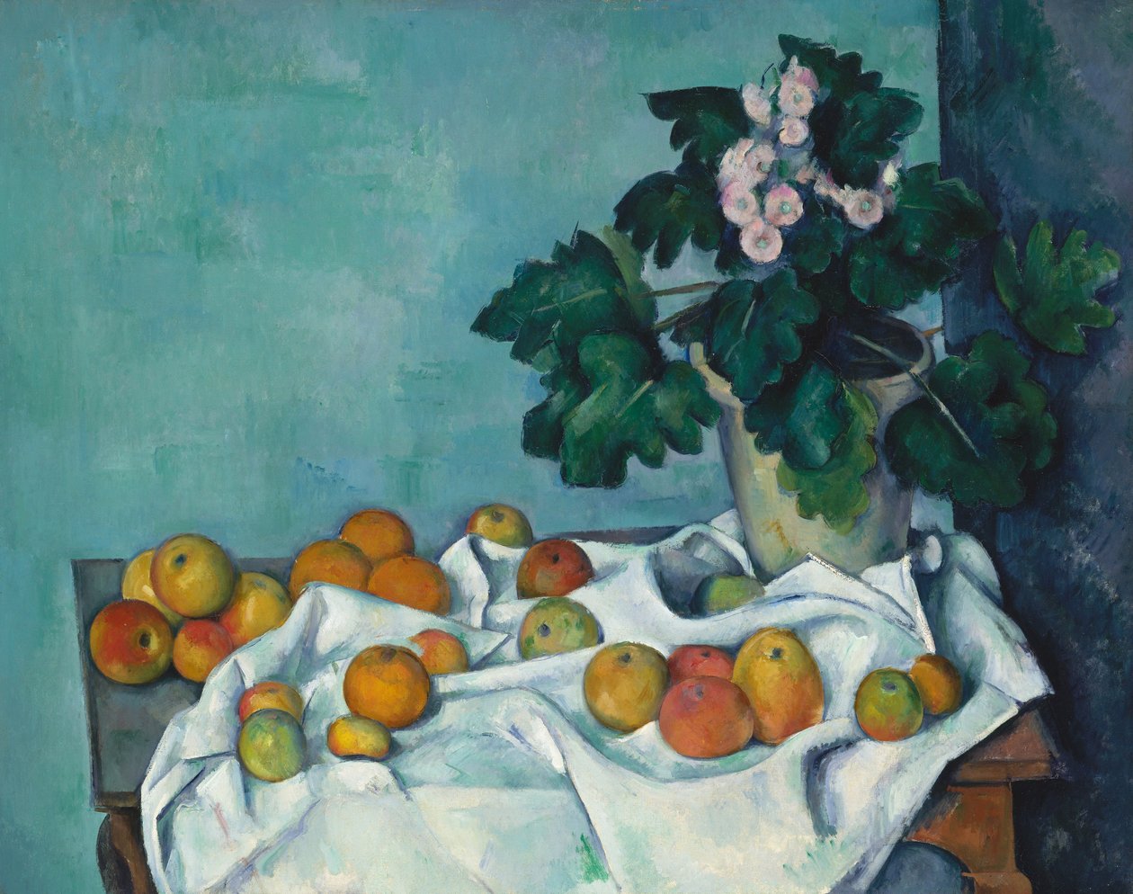 Stilleben med æbler og en gryde med primula, ca. 1890 af Paul Cézanne