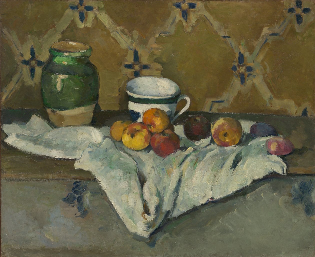 Stilleben med krukke, kop og æbler, ca. 1877. af Paul Cézanne