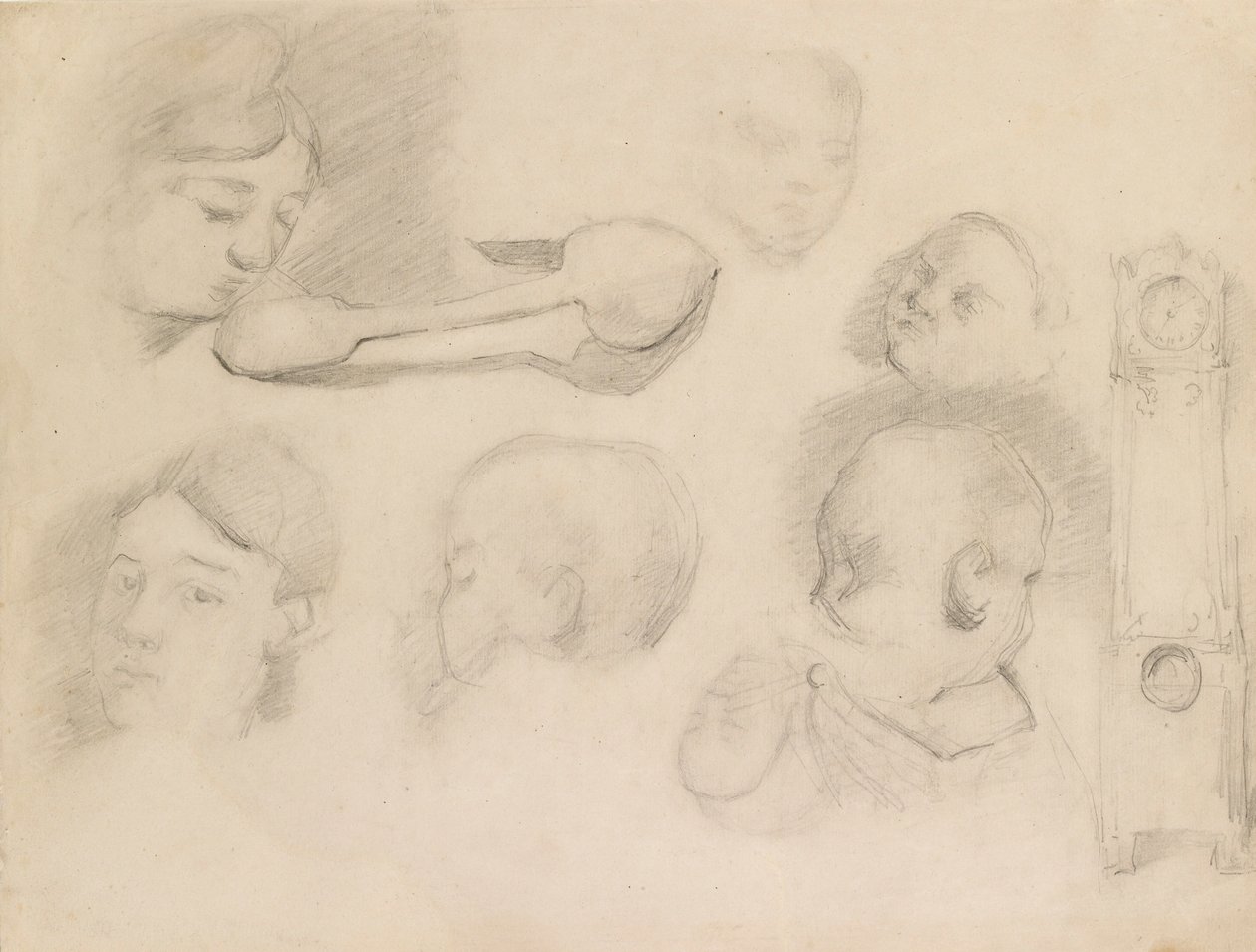 Studier af et barns hoved, et kvindehoved, en ske og et ur, c1872 af Paul Cézanne