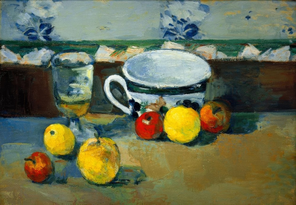 Kop, glas og frugt II af Paul Cézanne