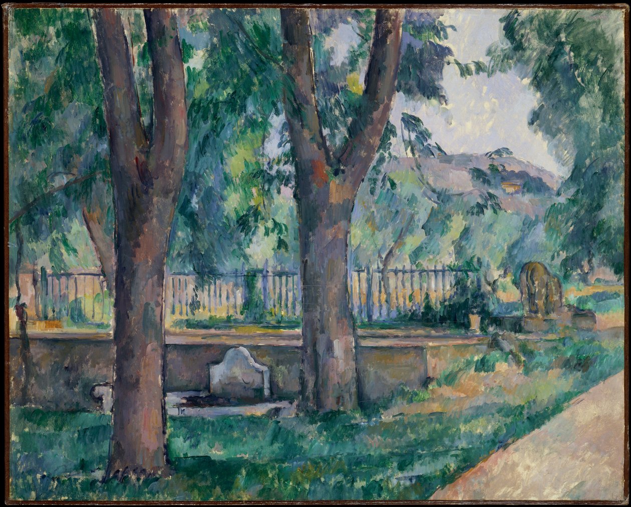 The Pool at Jas de Bouffan c.1885-86 (olie på lærred) af Paul Cézanne