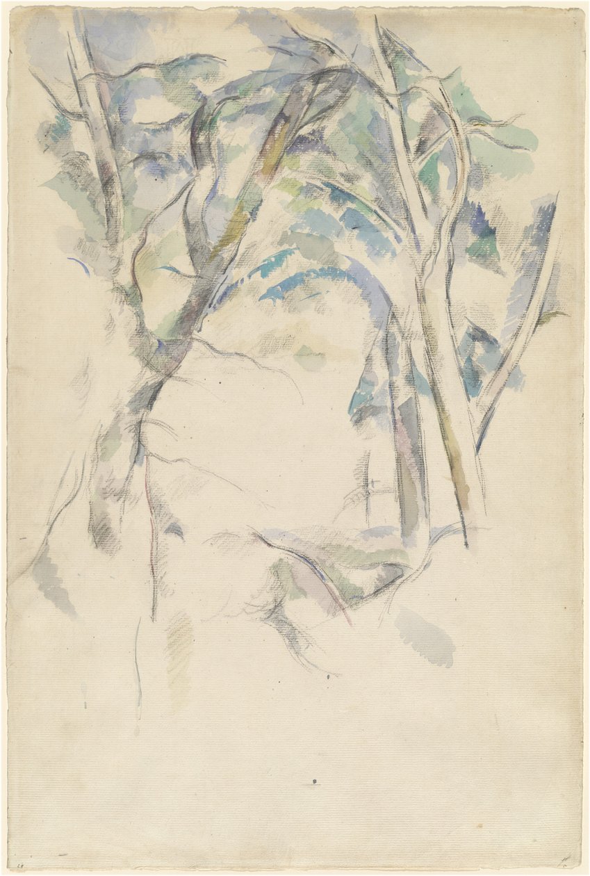 Træer læner sig over klipper af Paul Cézanne