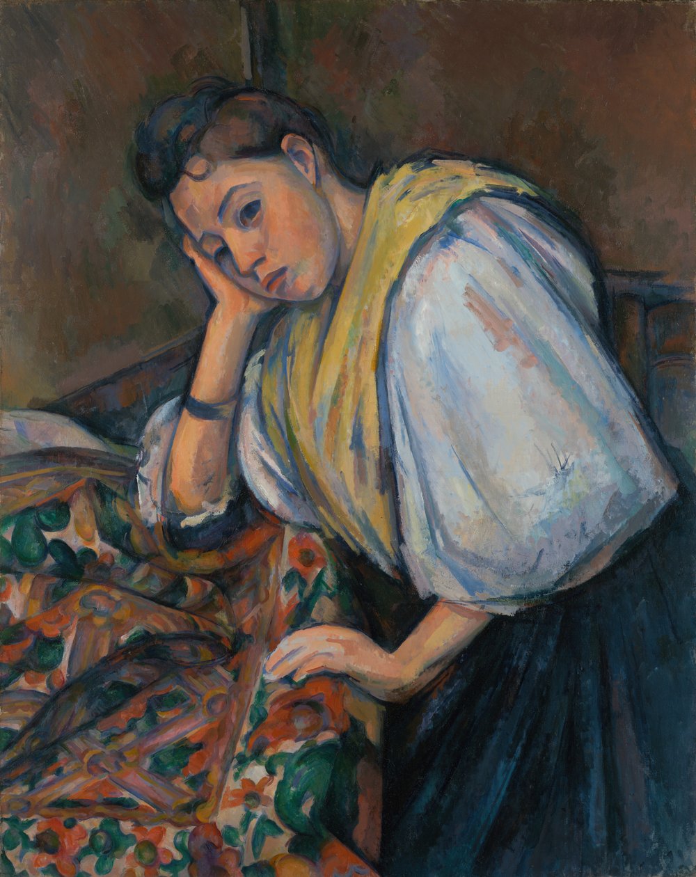 Ung italiensk kvinde ved et bord af Paul Cézanne