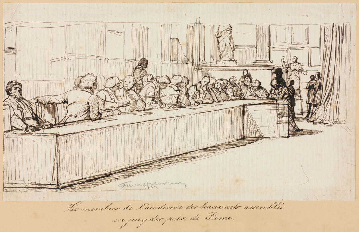 Medlemmerne af Academy of Beaux-Arts forsamlede til juryen Romprisen, 1841 eller 1842. af Paul Delaroche