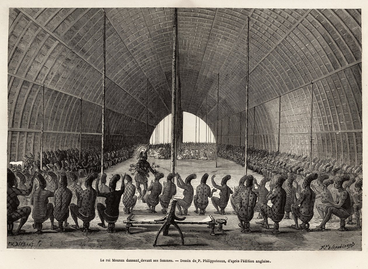 Mounza, konge af Mombouttous (Zaire), danser foran sit serail, sammensat af 80 kvinder, gravering efter tegningen af P.Philippoteaux, der illustrerer en rejse til Afrikas hjerte i 1868-1871 af Dr. George Schweinfurth, udgivet i "" Le tour du m af Paul Dominique Philippoteaux