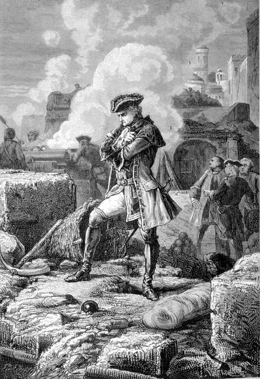 Thomas Arthur Lally, Baron de Tollendal Under belejringen af Pondichery i 1760 - Indgravering af Paul Philipotteaux (1846-1923) - Thomas Arthur, Baron de Tollendal, greve de Lally (1702-1766), fransk officer Lally-Tolendal på voldene i Pondicherry af Paul Dominique Philippoteaux