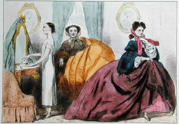 Tegneserie, der satirerer krinolinens mode, ca. 1860 (farve litho) af Paul Emile Detouche