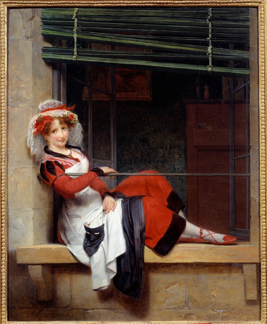 Ventetiden på ballet maskerer En ung kvinde sidder på kanten af et vindue. Maleri af Paul Emile Destouches (1794-1874) Nantes musee des Beaux Arts fra det 19. århundrede af Paul Emile Detouche
