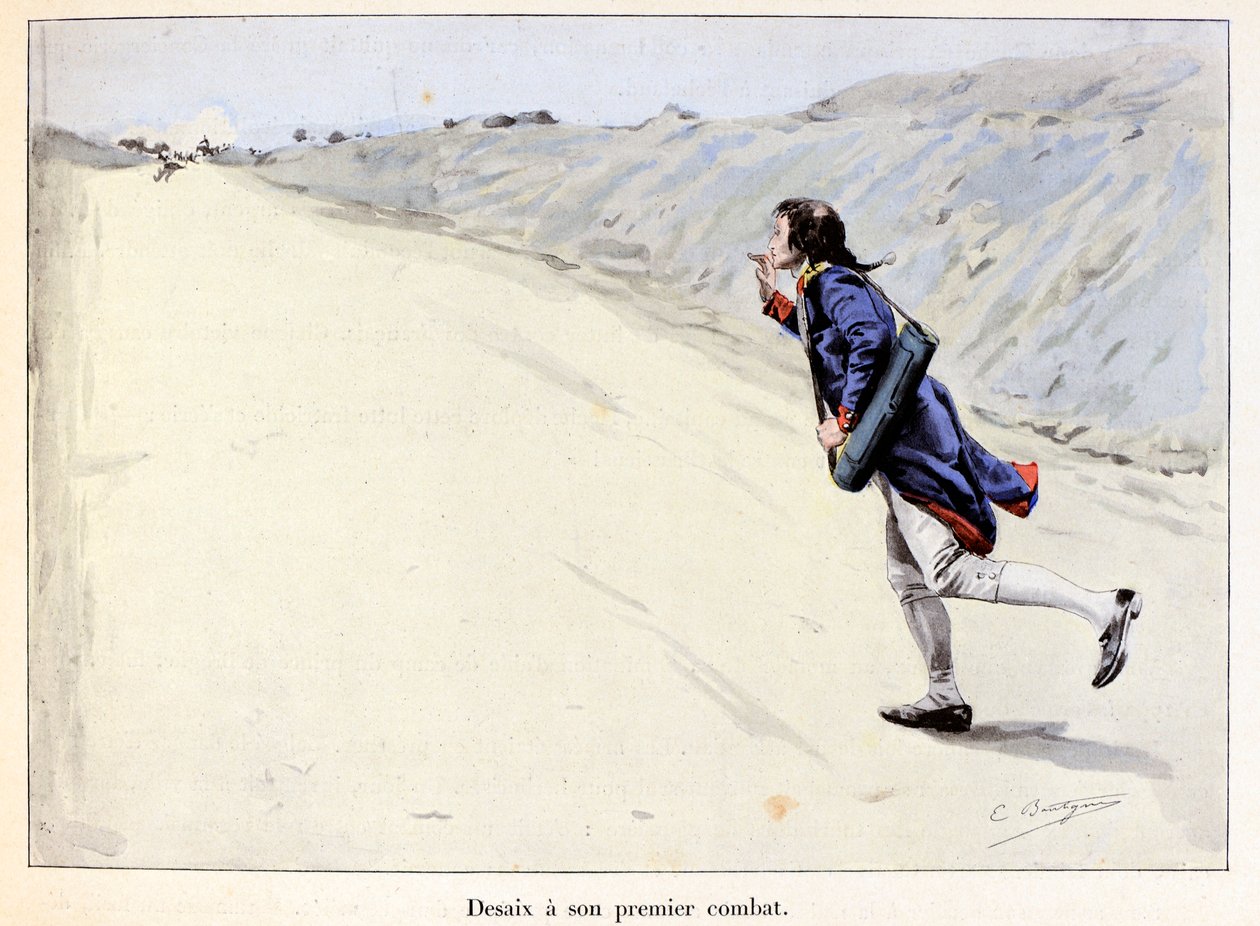 Desaix har sin første kamp: Charles Antoine Desaix de Veygoux (1768-1800) fanger en fange i Landau in der Pfalz (Tyskland), mens hæren trækker sig tilbage - illustration af Emile Boutigny (1853-1929) I "Hoche-Marceau-Desaix" af Theodore Cahu (1854-1928) -  af Paul Émile Boutigny