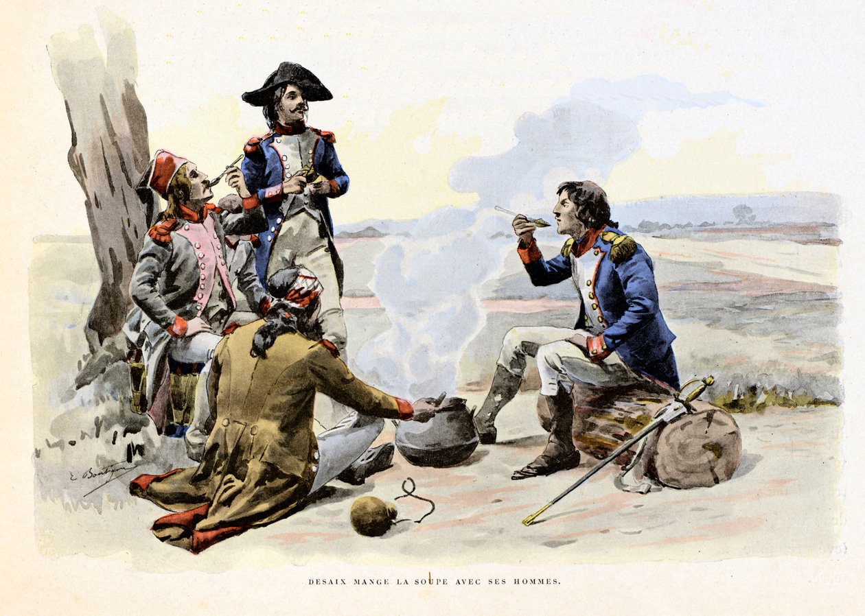 Louis Charles Antoine Desaix de Veygoux (1768-1800) spiser suppen med sine mænd - Illustration af Emile Boutigny (1853-1929) I "Hoche-Marceau-Desaix" af Theodore Cahu (1854-1928) - Privat samling - Louis Charles Antoine Desaix de Veygoux (1768-1800) og and af Paul Émile Boutigny