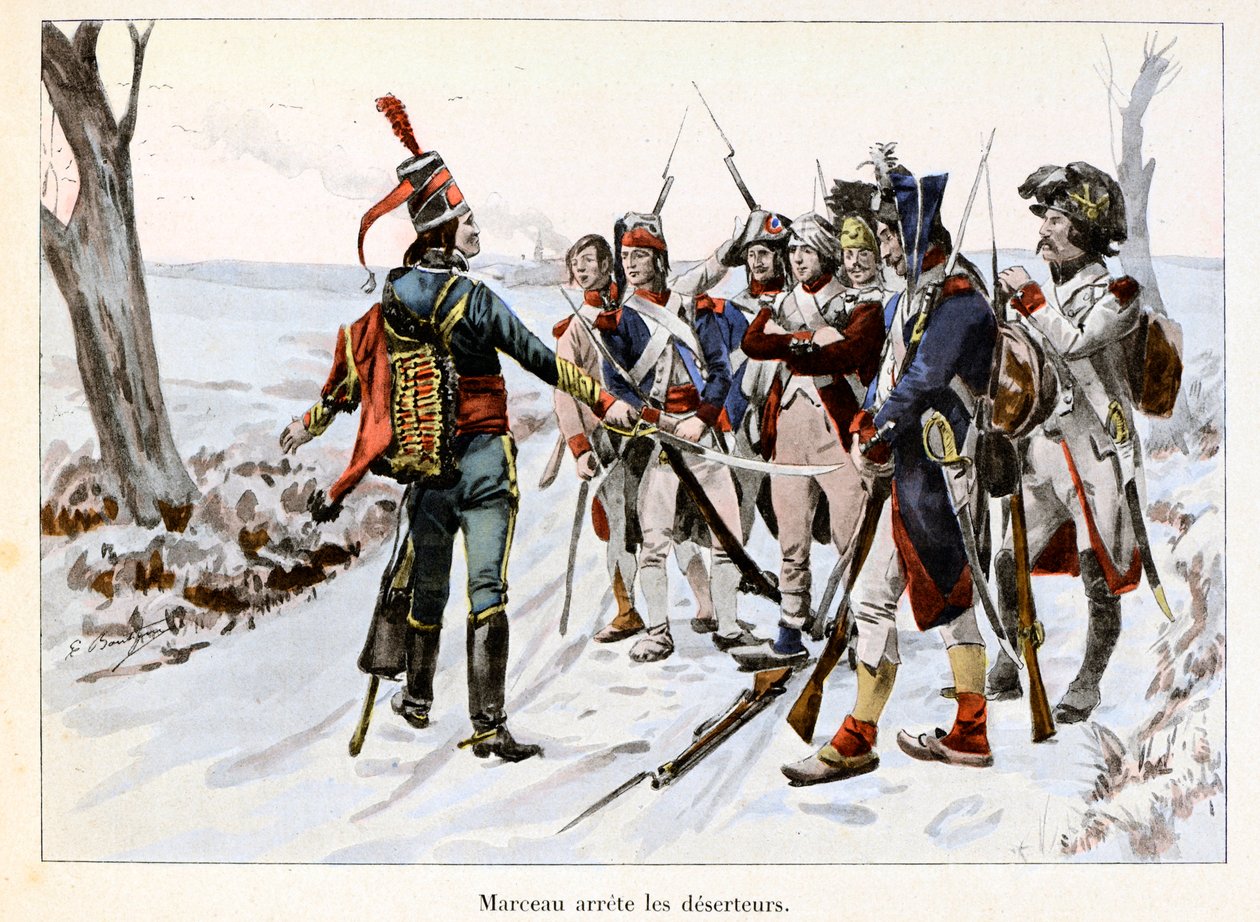 Marceau arrete des deserteurs: Francois-Severin Desgraviers Marceau (1769-1796) tilbageholder soldaterne fra den republikanske hær i Vendee (85) - Illustration af Emile Boutigny (1853-1929) I "Hoche-Marceau-Desaix" af Theodore Cahu ( 1854-1928) - Privat ko af Paul Émile Boutigny