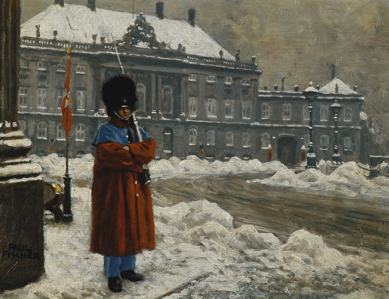 En Kongelig Livgarde i Vagt Udenfor Kongeslottet Amalienborg, København, af Paul Fischer