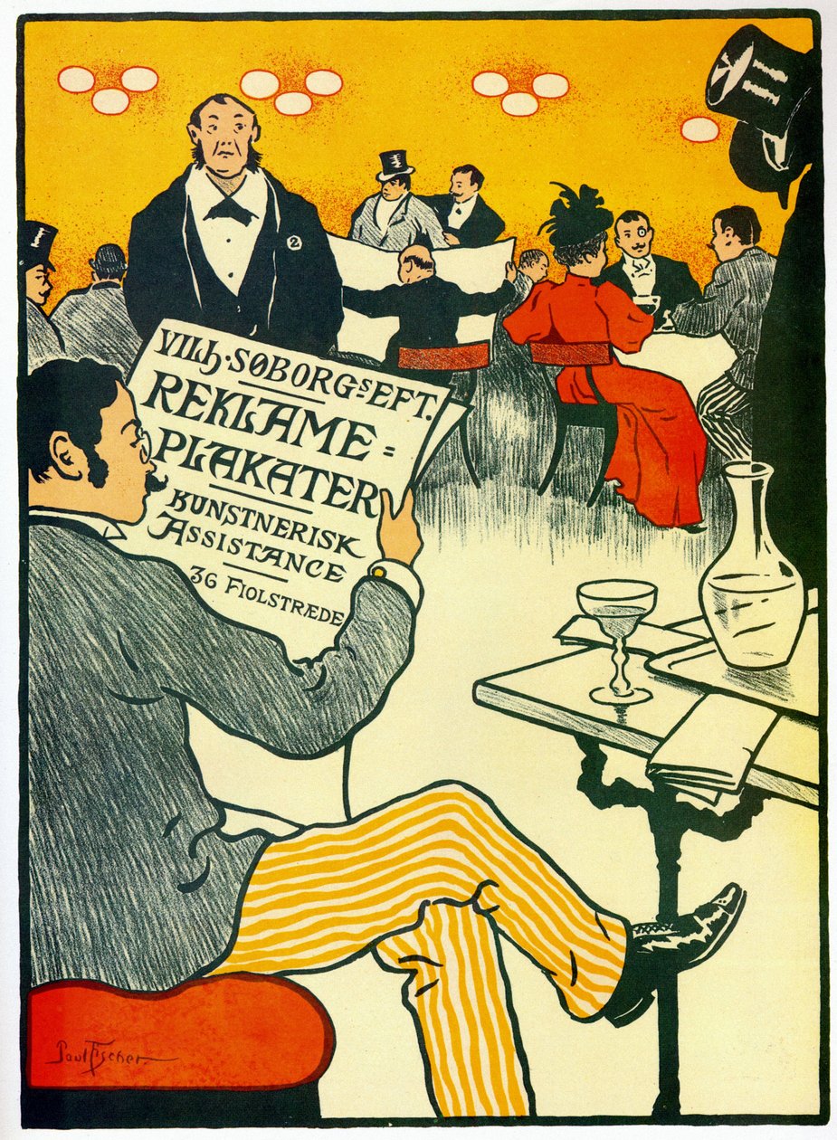 Reklameplakat for et trykkeri, der forestiller en barscene af Paul Fischer