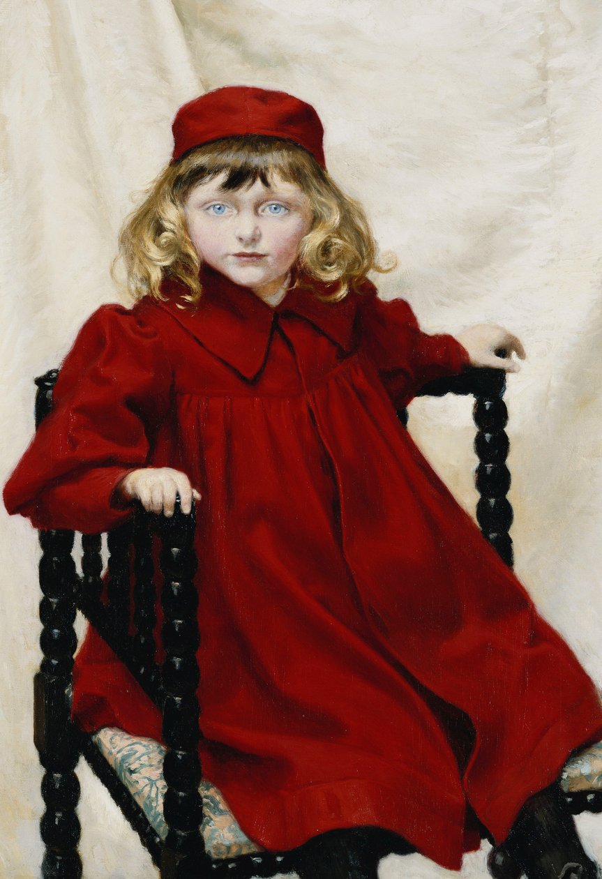Portræt af Harriet Fischer, lille trekvart længde, iført en rød kjole, 1896 af Paul Fischer