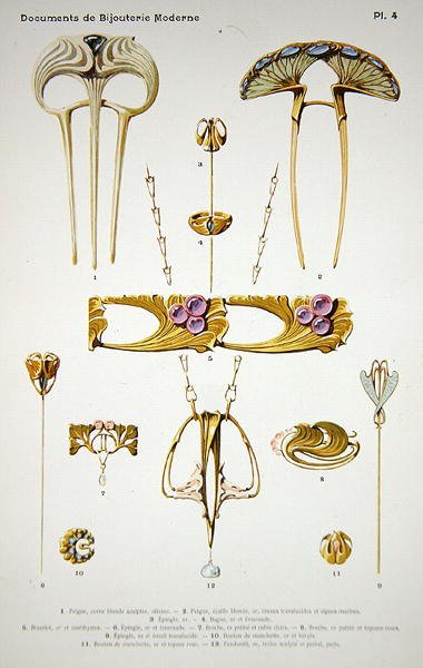 Smykkedesigns, plade 4 fra "Documents de Bijouterie et Orfeverie modernes", udgivet af Henri Laurens, Paris, ca. 1900 (farvet chromolitho) af Paul Follet