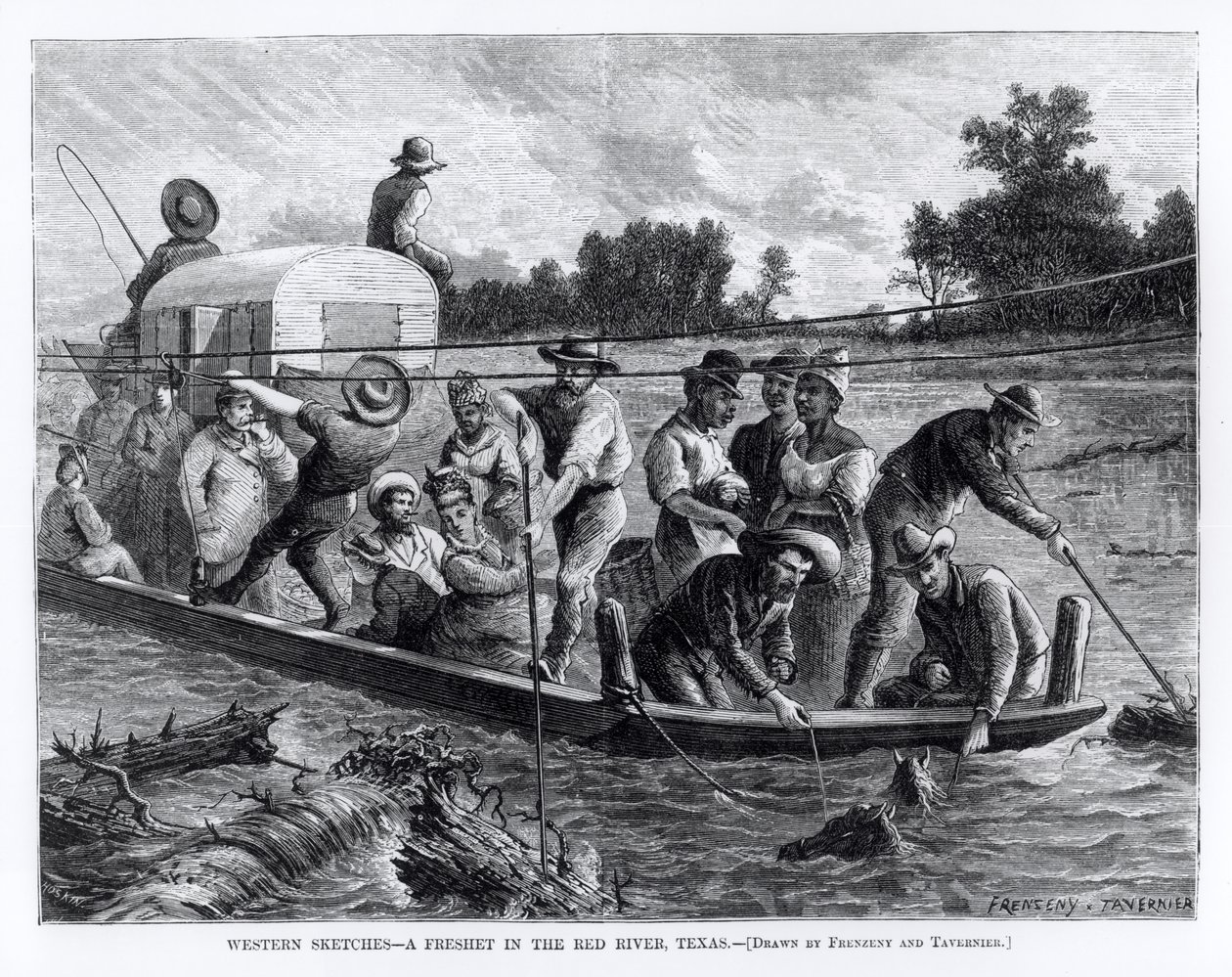 Western Sketches, a Freshet in the Red River, Texas, illustration fra  af Paul Frenzeny
