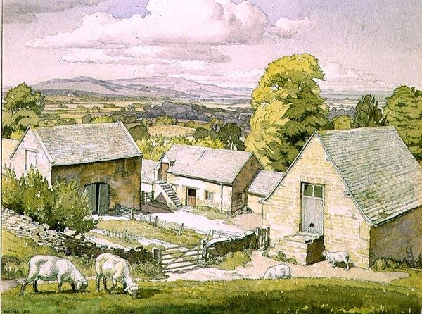 En Cotswold Farm. 1928 (akvarel på papir) af Paul Fripp