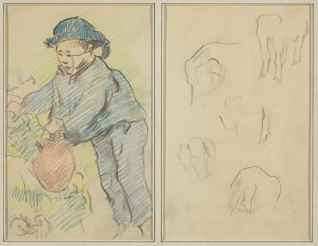 En bretonsk dreng med en kande; Fem dyreformer [verso] af Paul Gauguin