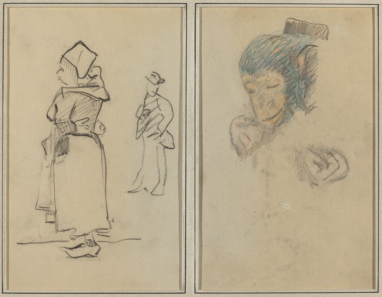 En bretonsk kvinde og en stående mand; Hoved og hånd på en abe [recto] af Paul Gauguin