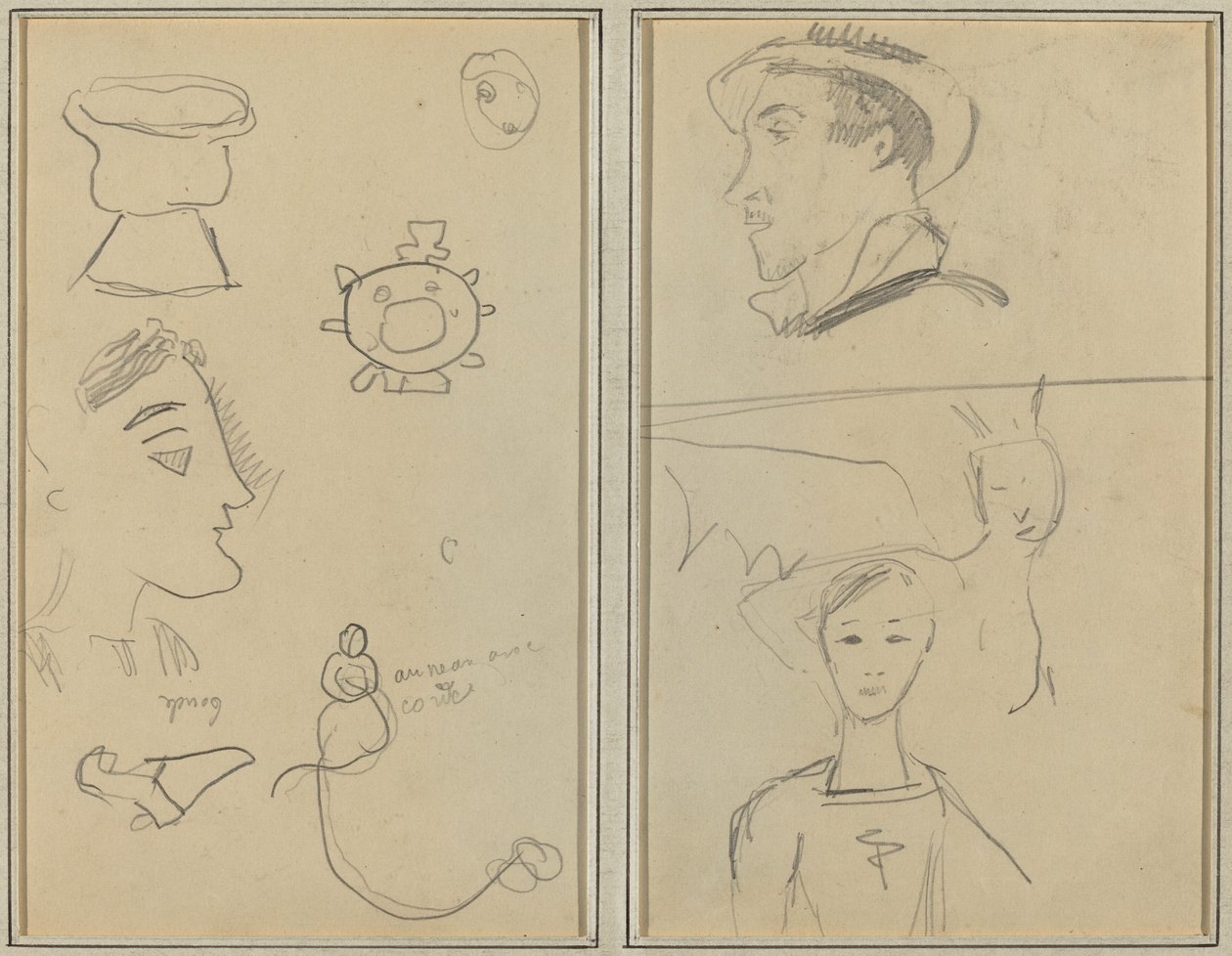 En karikatur og fem former; En mand i profil, et bevinget væsen og en dreng [verso] af Paul Gauguin
