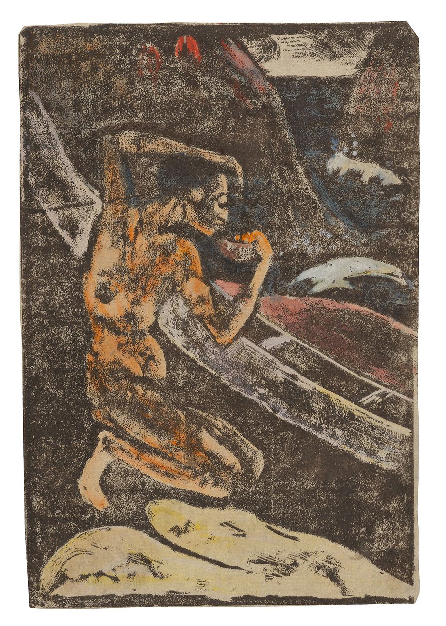 En fisker, der drikker ved siden af sin kano af Paul Gauguin