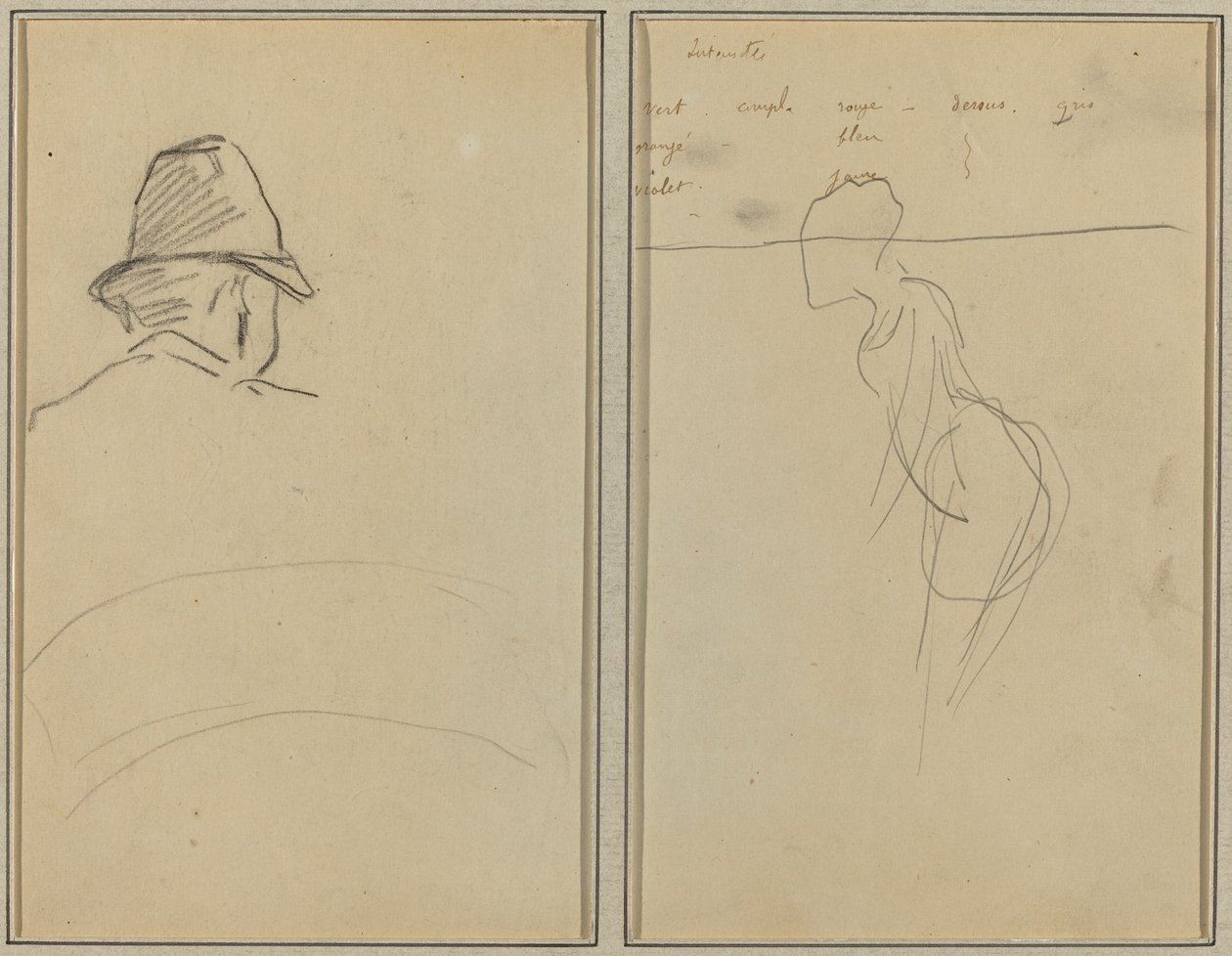 Et Menneskehoved med Hat, set bagfra; En stående kvinde [recto] af Paul Gauguin