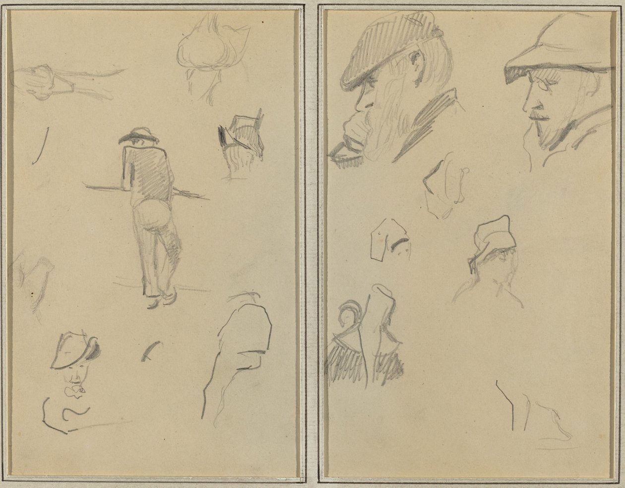 En mand, der læner sig op ad en væg med fem andre undersøgelser; To skæggede mænd iført hatte og fem andre undersøgelser [recto] af Paul Gauguin