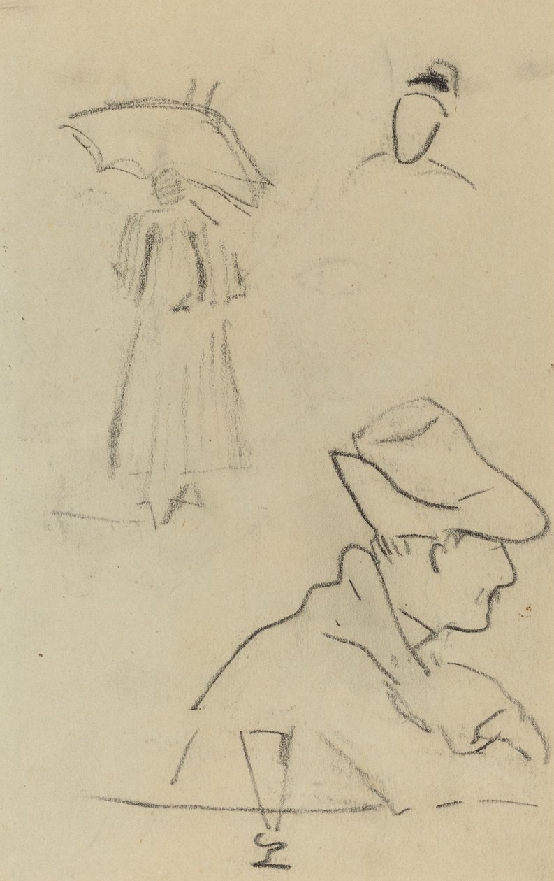 En person, der holder en paraply og en siddende mand med en hat og et glas [verso] af Paul Gauguin