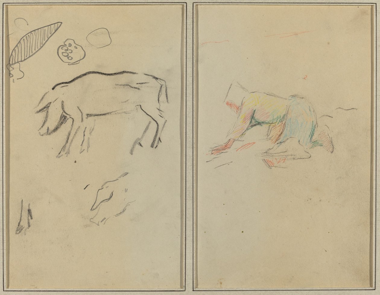 En gris; Bretonsk bonde knælende [verso] af Paul Gauguin