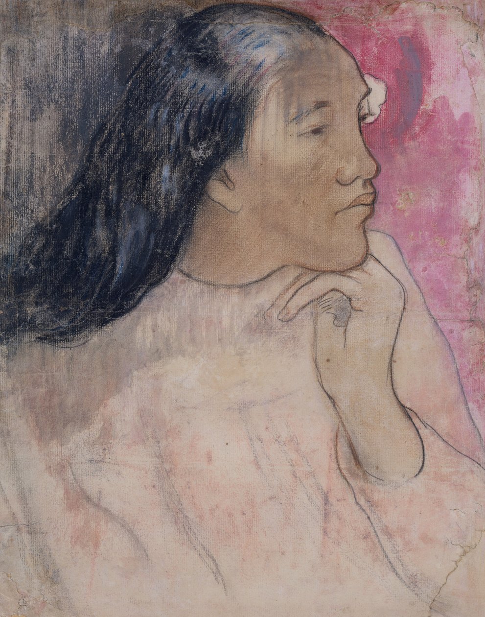 En Tahitiansk kvinde med en blomst i håret, 1891-92 (kul, pastel og vask) af Paul Gauguin