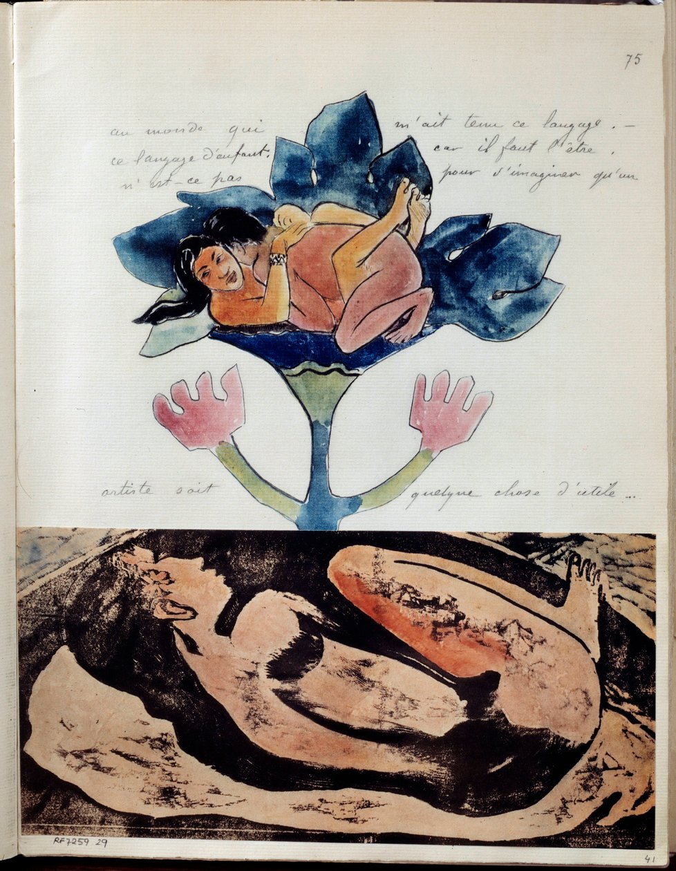 Album Noa (eller Noa Noa) af maleren Paul Gauguin (1848-1903): folio 75. Øverst tegning, akvarel, kuglepen og blæk, der repræsenterer et par under samlejet og nederst gravering med akvarelhøjdepunkter af en sovende kvinde . Omkring 1893 af Paul Gauguin
