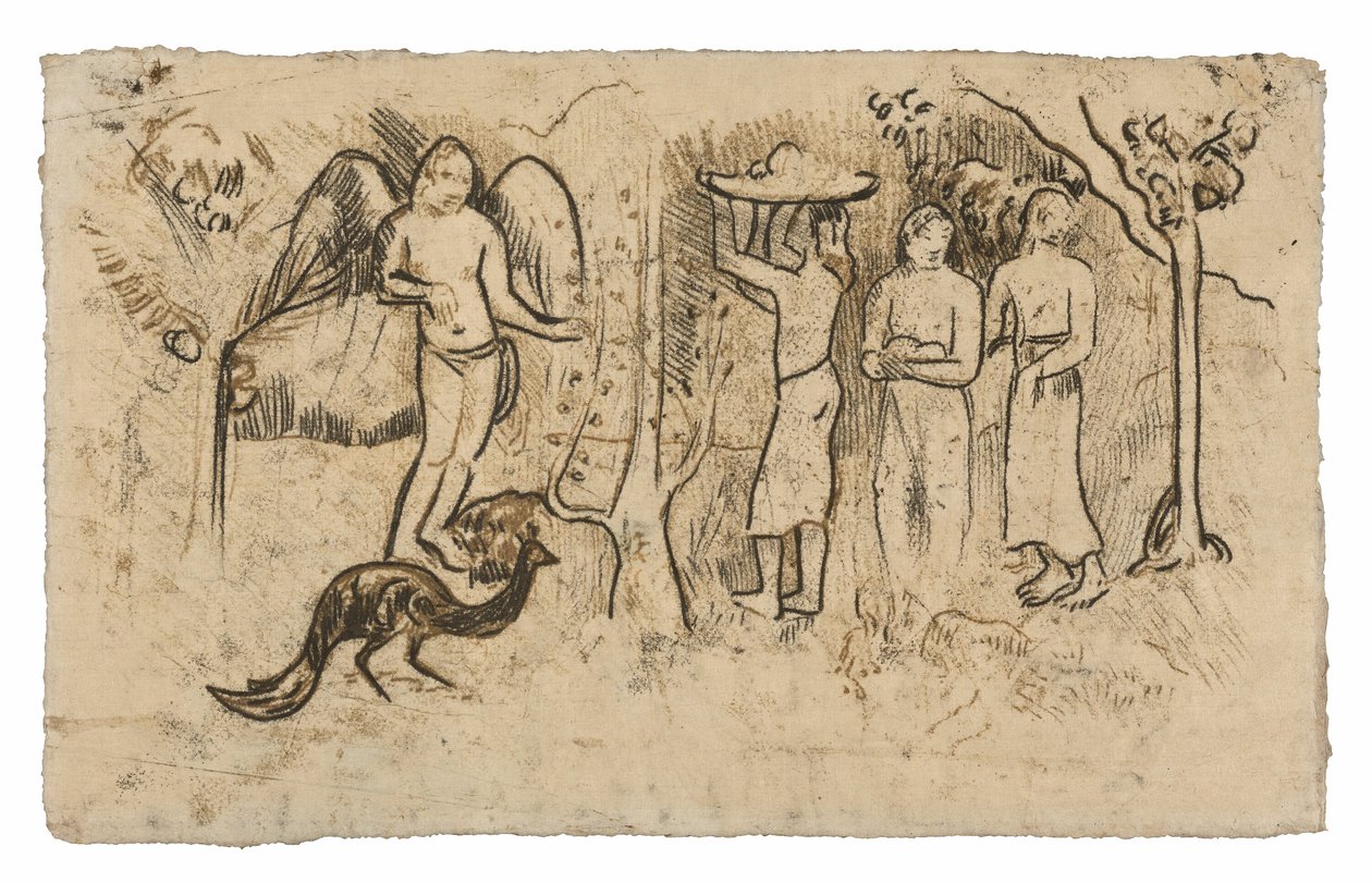 Engel, påfugl og tre tahitianere af Paul Gauguin