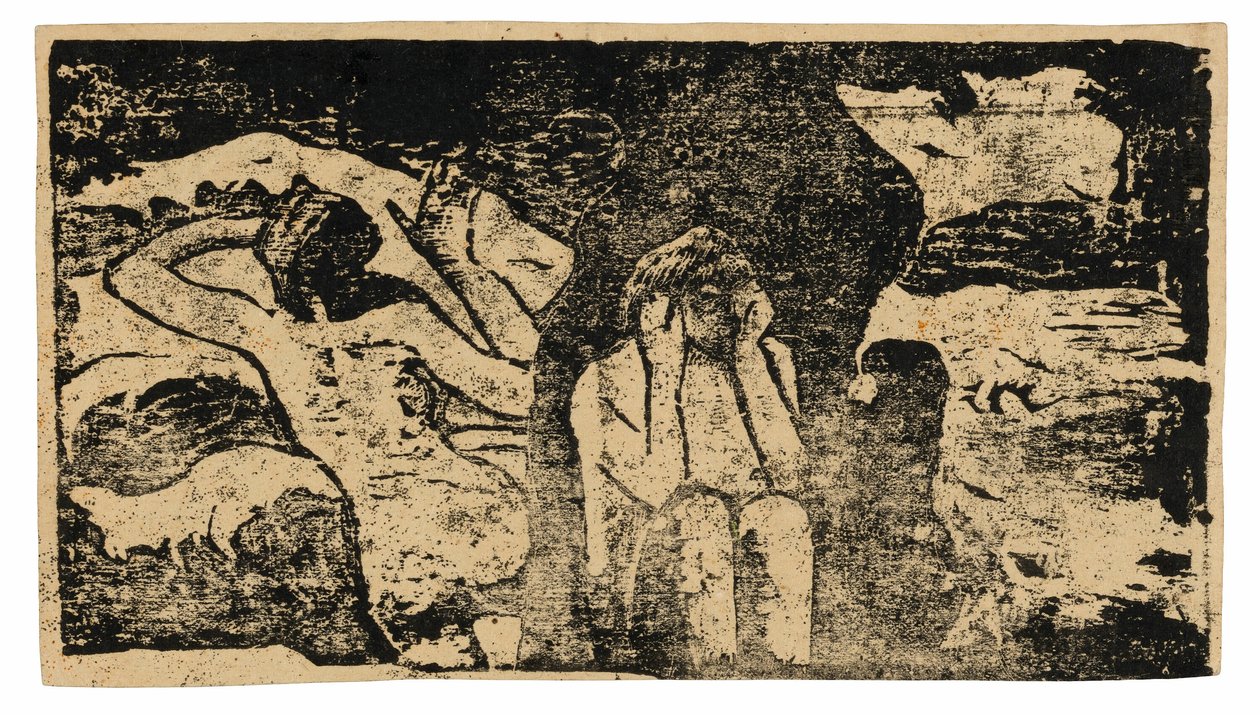 Ved de sorte klipper, fra suiten af sene træbloktryk af Paul Gauguin