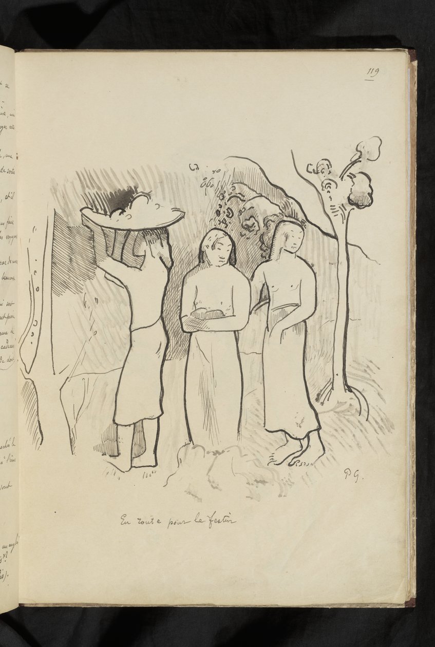Før og efter - tegning "På vej til festen" af Paul Gauguin