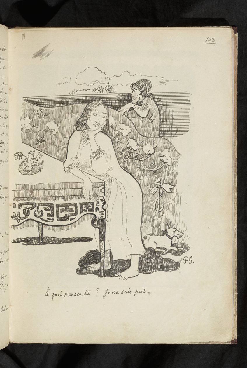 Før og efter - tegning "Hvad tænker du på? Jeg ved det ikke" af Paul Gauguin
