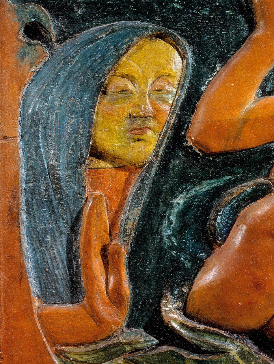Vær mystisk (detalje) 1890 (polykrom træudskæring) af Paul Gauguin