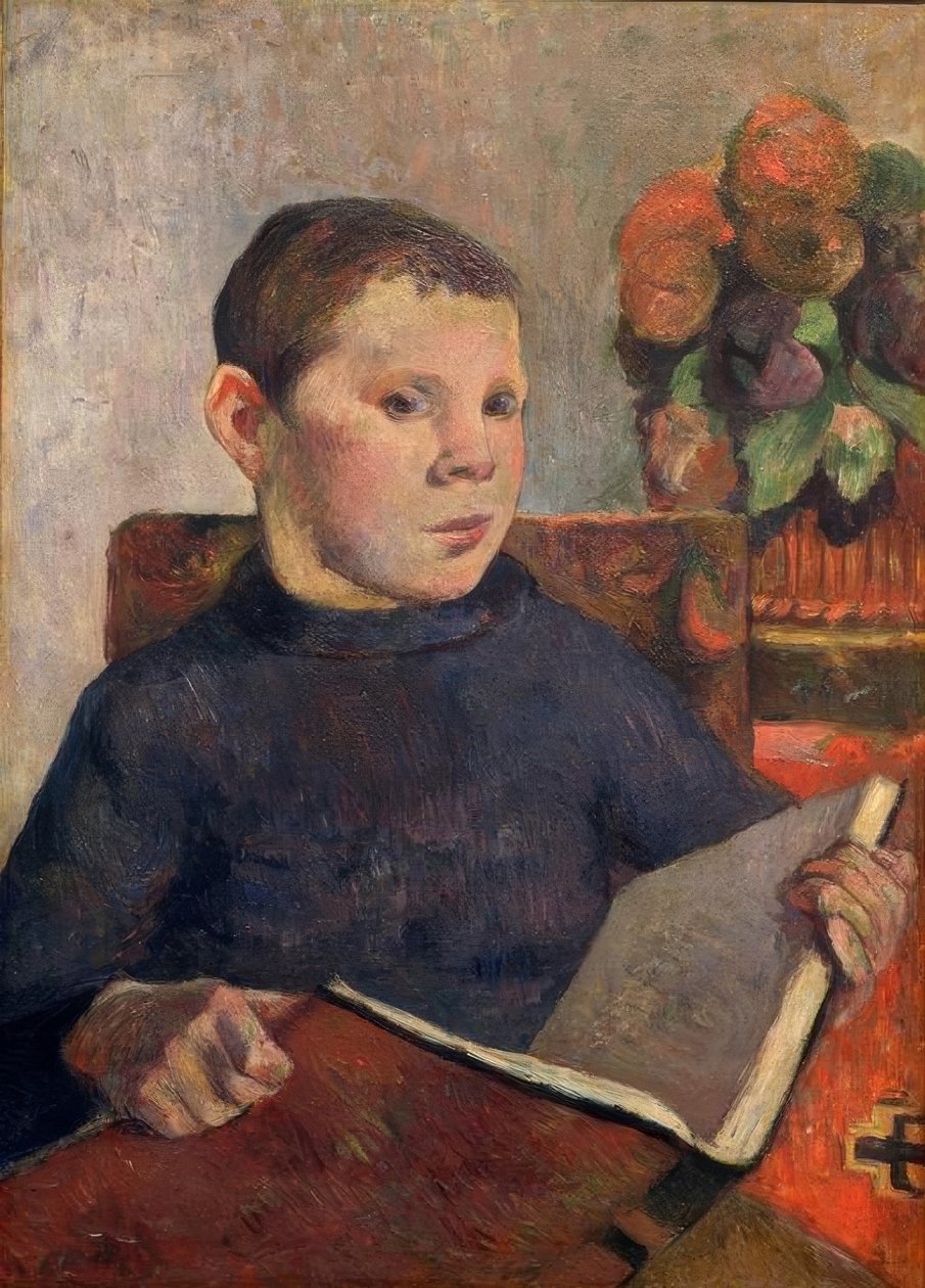 Portræt af sønnen Clovis med en bog af Paul Gauguin