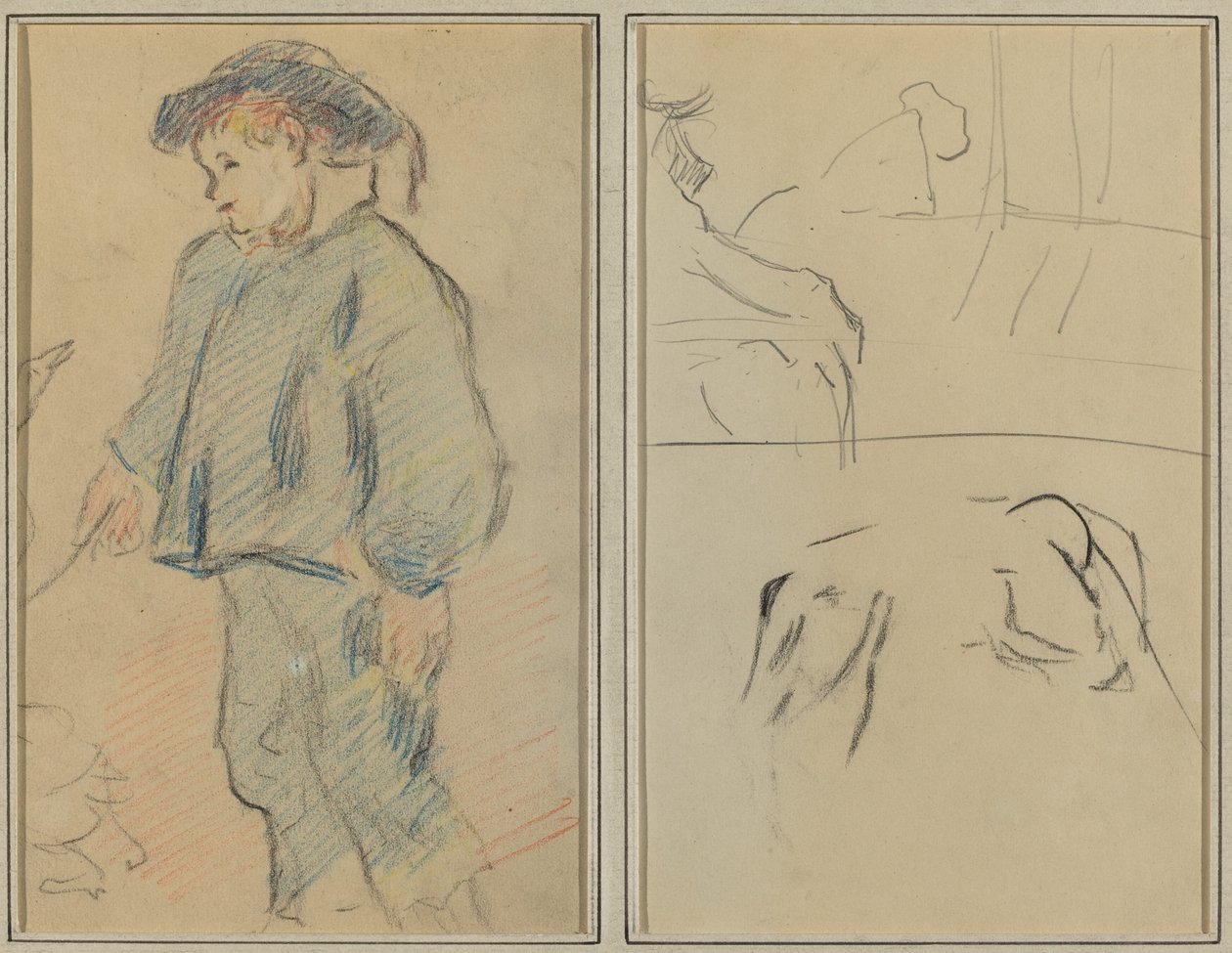 Bretonsk dreng plejer gæs; Køer og en figur, der læner sig op ad en afsats [verso] af Paul Gauguin